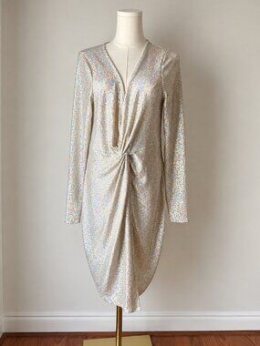 Curvy Sense 1X Silver Sequin Twist Front Long Sleeve Dress | Disco NYE Holiday
